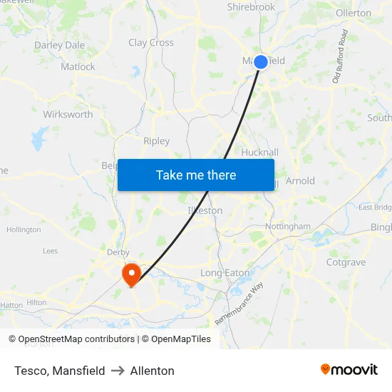 Tesco, Mansfield to Allenton map