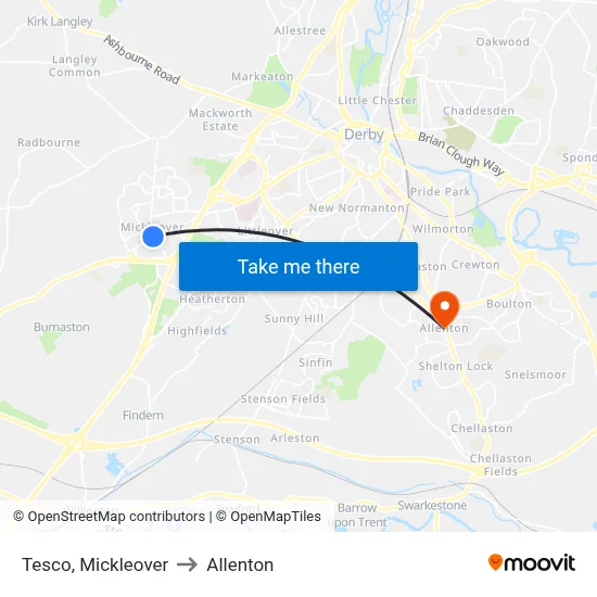 Tesco, Mickleover to Allenton map