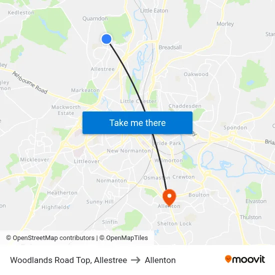 Woodlands Road Top, Allestree to Allenton map