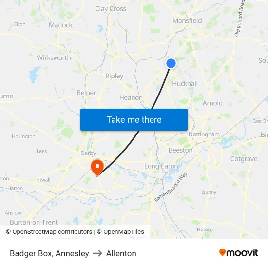 Badger Box, Annesley to Allenton map