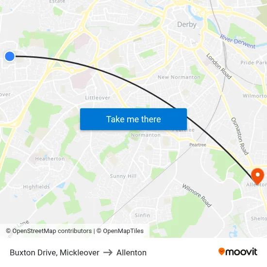 Buxton Drive, Mickleover to Allenton map