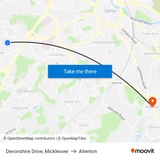 Devonshire Drive, Mickleover to Allenton map