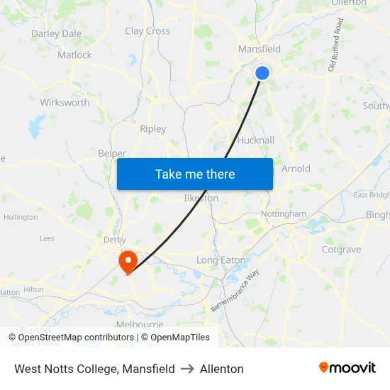 West Notts College, Mansfield to Allenton map