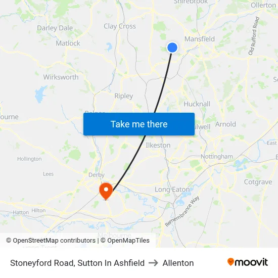 Stoneyford Road, Sutton In Ashfield to Allenton map