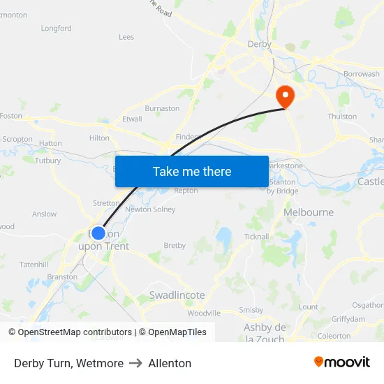 Derby Turn, Wetmore to Allenton map