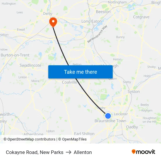 Cokayne Road, New Parks to Allenton map