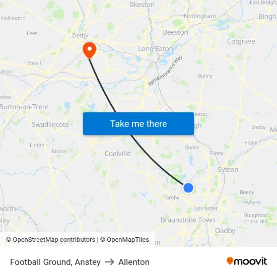 Football Ground, Anstey to Allenton map