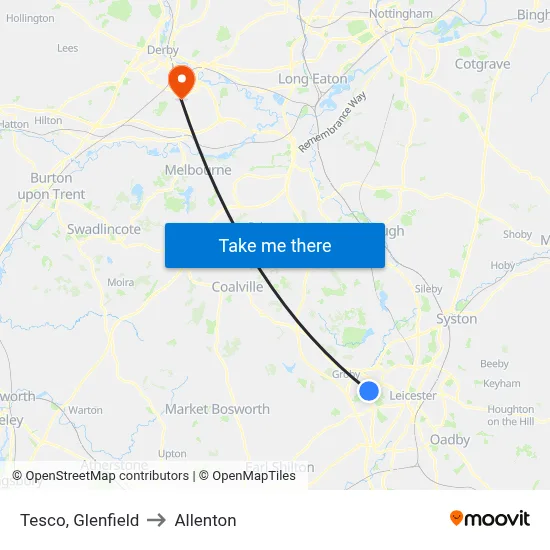 Tesco, Glenfield to Allenton map