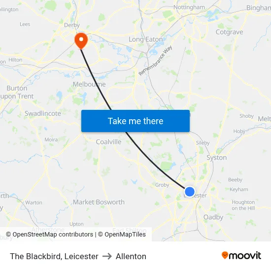 The Blackbird, Leicester to Allenton map