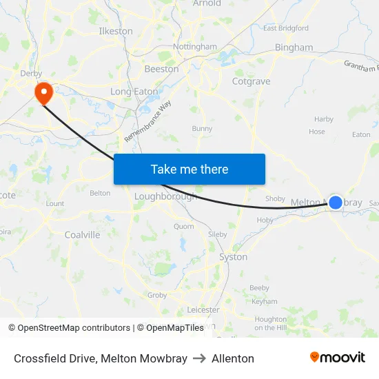 Crossfield Drive, Melton Mowbray to Allenton map