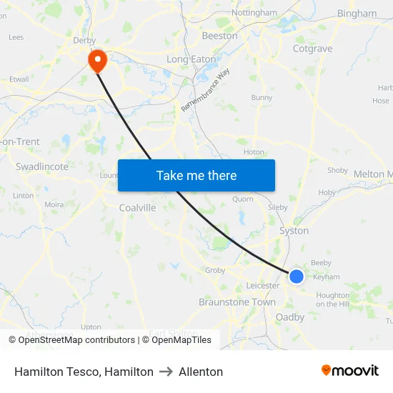 Hamilton Tesco, Hamilton to Allenton map