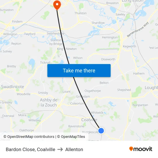 Bardon Close, Coalville to Allenton map