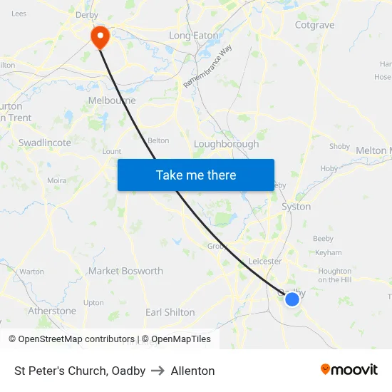 St Peter's Church, Oadby to Allenton map