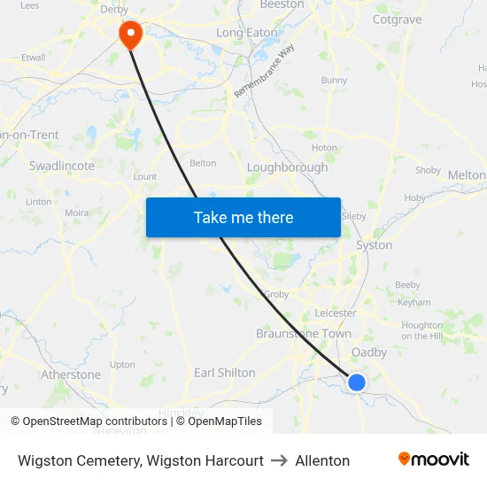 Wigston Cemetery, Wigston Harcourt to Allenton map