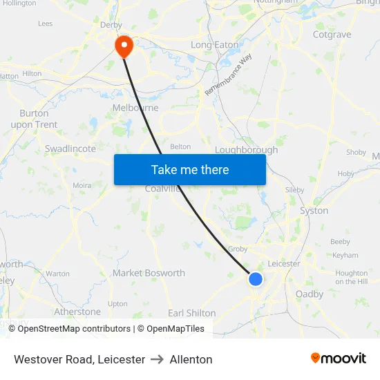 Westover Road, Leicester to Allenton map