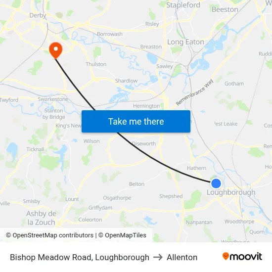 Bishop Meadow Road, Loughborough to Allenton map