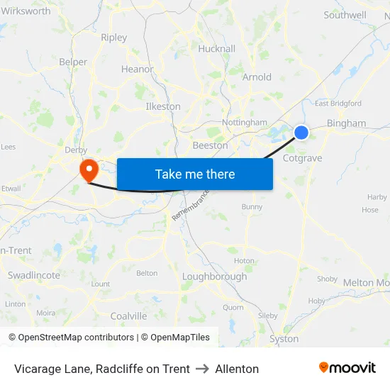 Vicarage Lane, Radcliffe on Trent to Allenton map