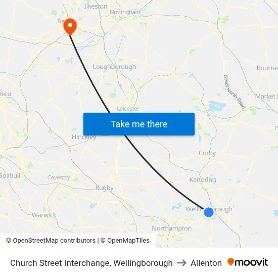 Church Street Interchange, Wellingborough to Allenton map