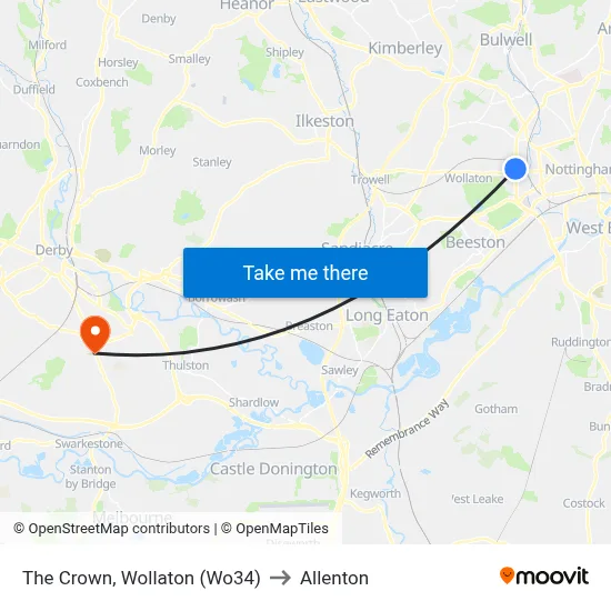 The Crown, Wollaton (Wo34) to Allenton map