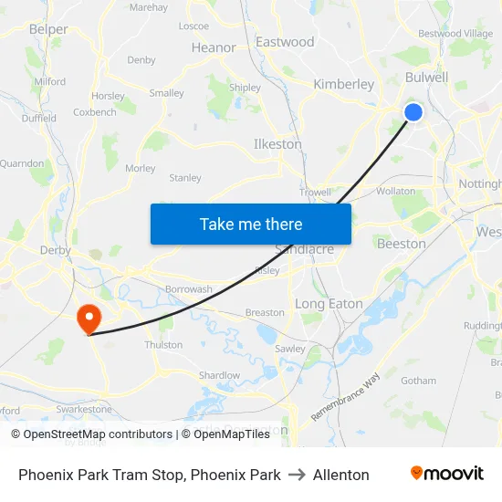 Phoenix Park Tram Stop, Phoenix Park to Allenton map