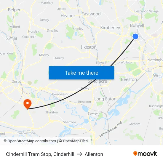 Cinderhill Tram Stop, Cinderhill to Allenton map