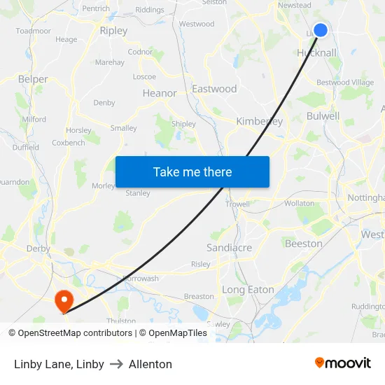 Linby Lane, Linby to Allenton map