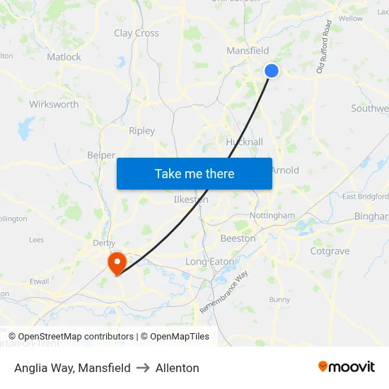 Anglia Way, Mansfield to Allenton map