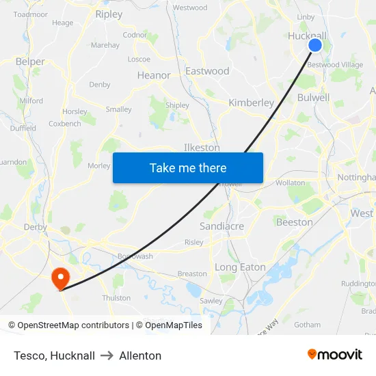 Tesco, Hucknall to Allenton map