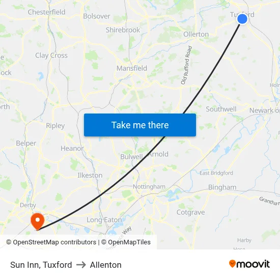 Sun Inn, Tuxford to Allenton map