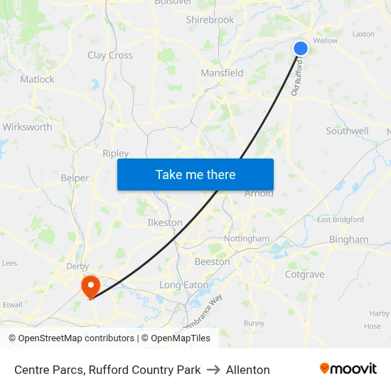 Centre Parcs, Rufford Country Park to Allenton map