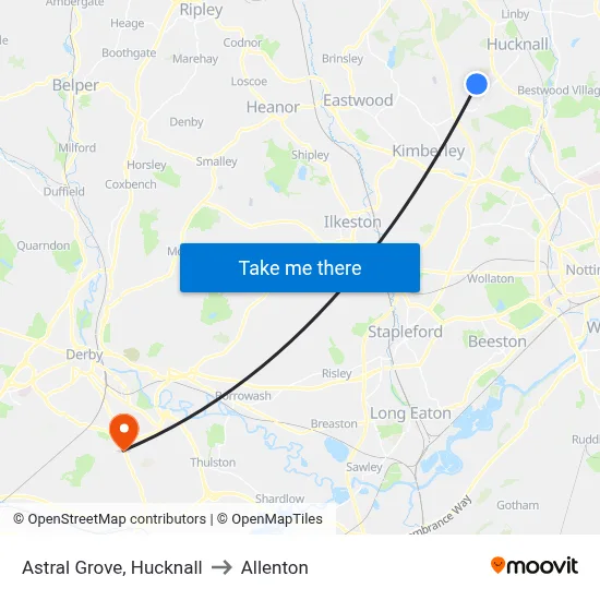 Astral Grove, Hucknall to Allenton map
