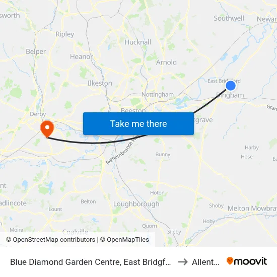 Blue Diamond Garden Centre, East Bridgford to Allenton map