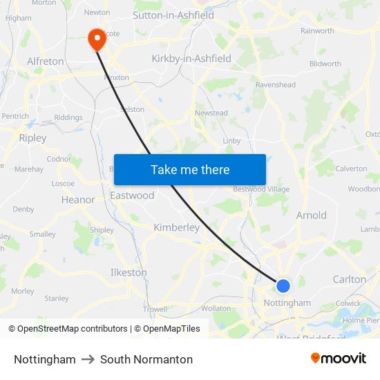 Nottingham to South Normanton map