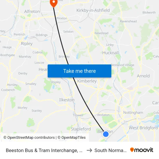 Beeston Bus & Tram Interchange, Beeston to South Normanton map