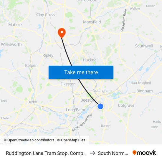 Ruddington Lane Tram Stop, Compton Acres to South Normanton map