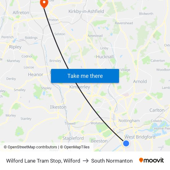Wilford Lane Tram Stop, Wilford to South Normanton map