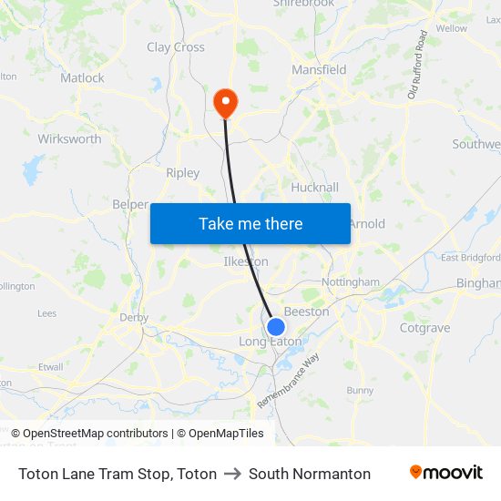 Toton Lane Tram Stop, Toton to South Normanton map