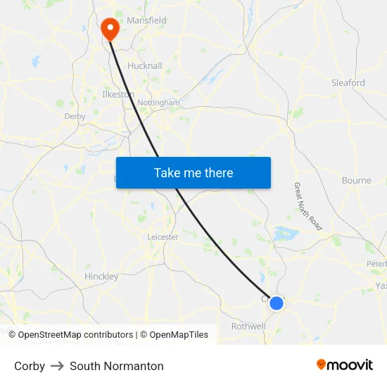 Corby to South Normanton map