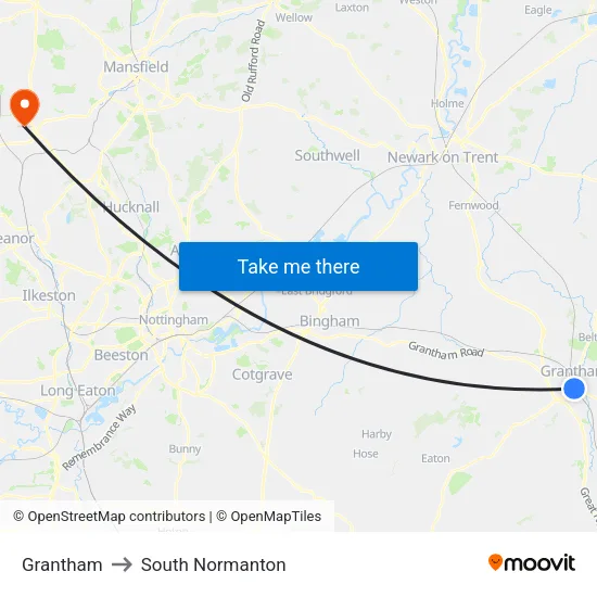 Grantham to South Normanton map