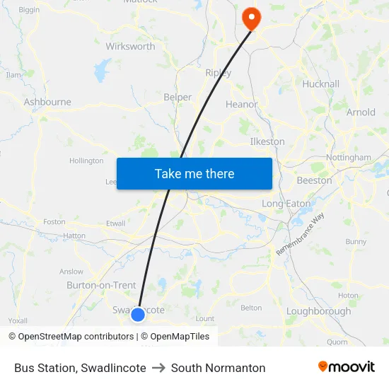 Bus Station, Swadlincote to South Normanton map