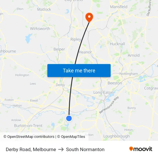 Derby Road, Melbourne to South Normanton map