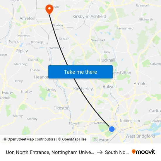 Uon North Entrance, Nottingham University Main Campus (Un14) to South Normanton map