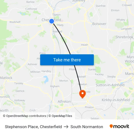Stephenson Place, Chesterfield to South Normanton map