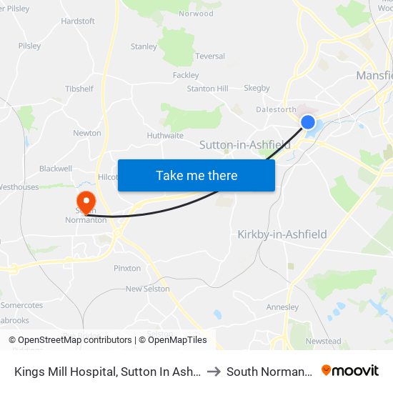 Kings Mill Hospital, Sutton In Ashfield to South Normanton map