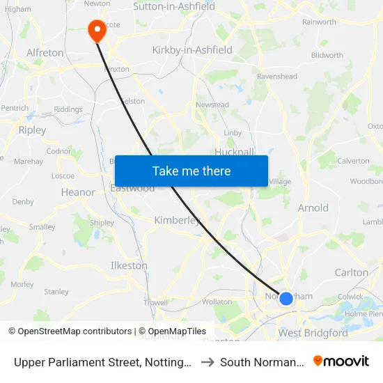 Upper Parliament Street, Nottingham to South Normanton map