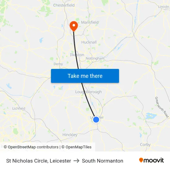 St Nicholas Circle, Leicester to South Normanton map