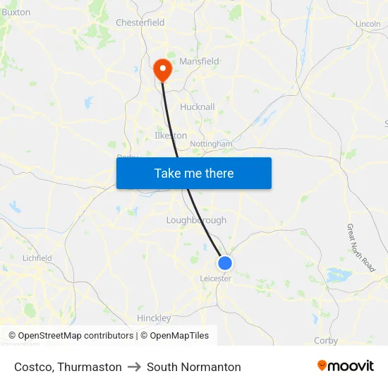 Costco, Thurmaston to South Normanton map