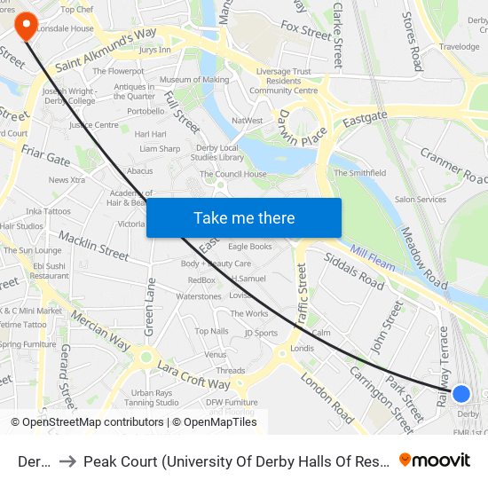 Derby to Peak Court (University Of Derby Halls Of Residence) map