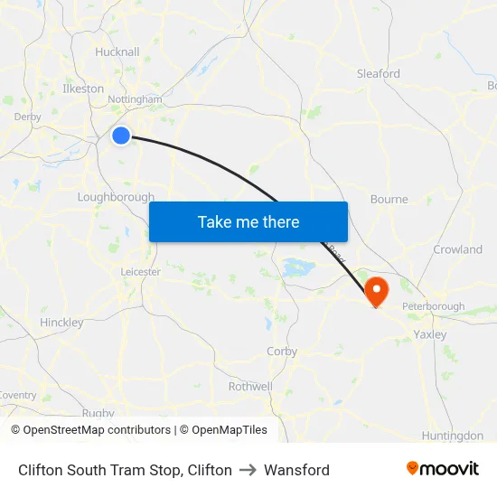 Clifton South Tram Stop, Clifton to Wansford map