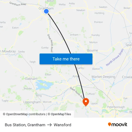 Bus Station, Grantham to Wansford map